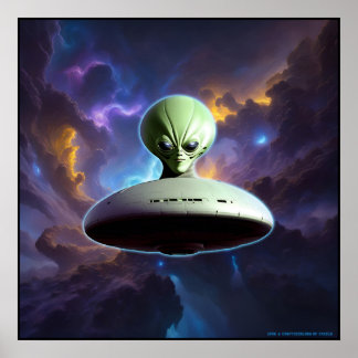 Galaktiskt möte: Grönt Alien Head UFO Äventyr Poster