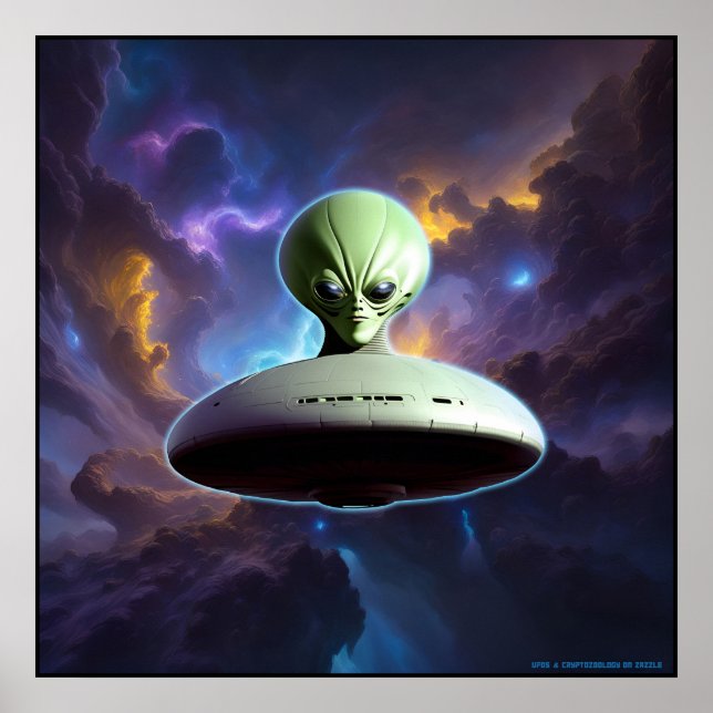 Galaktiskt möte: Grönt Alien Head UFO Äventyr Poster (Framsidan)