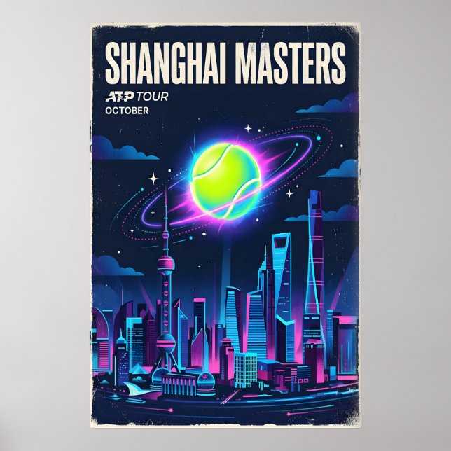Galaktiskt Smash Tennis Tryck, Neon Retro Sci-Fi Poster (Framsidan)