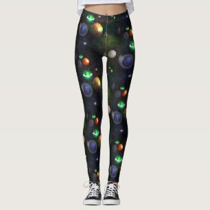 Galax och planet på svart bakgrund leggings