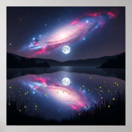 Galax över månbelyst sjö med kosmisk reflektion poster