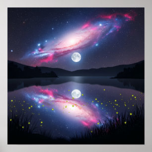 Galax över månbelyst sjö med kosmisk reflektion poster