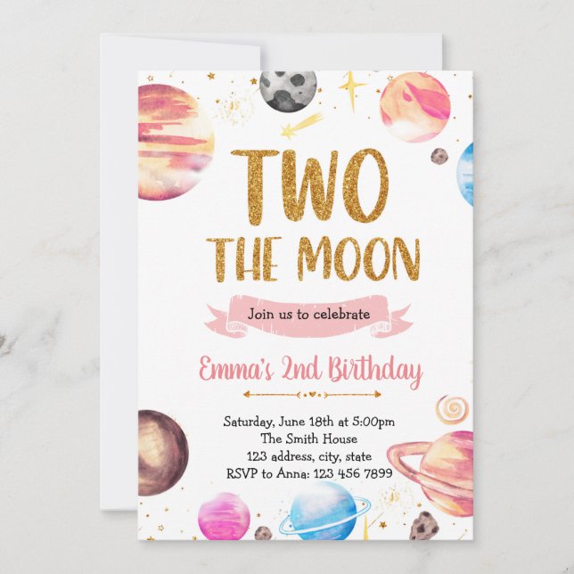 Galax rymd flicka två till månen inbjudningar (Framsida)