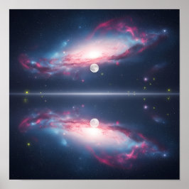 Galaxreflektion under månbelyst kosmisk himmel poster