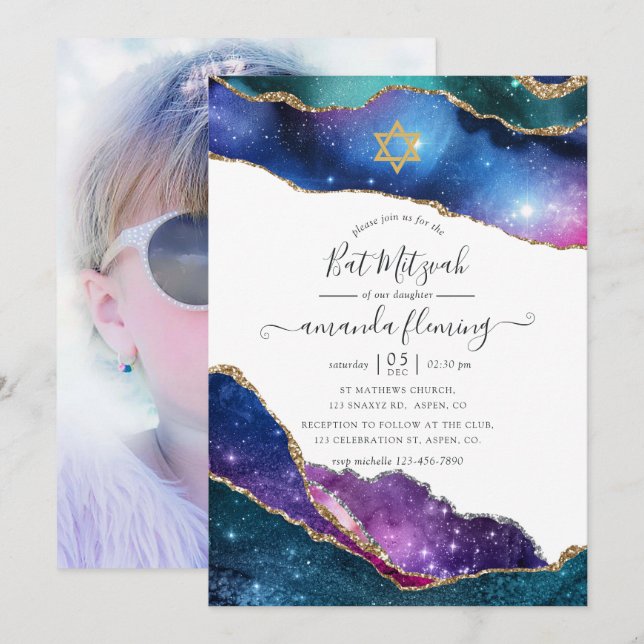 Galaxy Agate Bat Mitzvah Foto Inbjudningar (Fram/baksida)