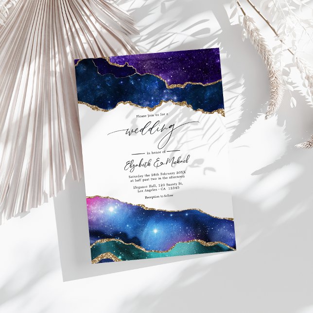 Galaxy Agate Fals Glitter Celestial Lyx Bröllop Inbjudningar (Galaxy Agate Faux Glitter Celestial Luxury Wedding Invitation)