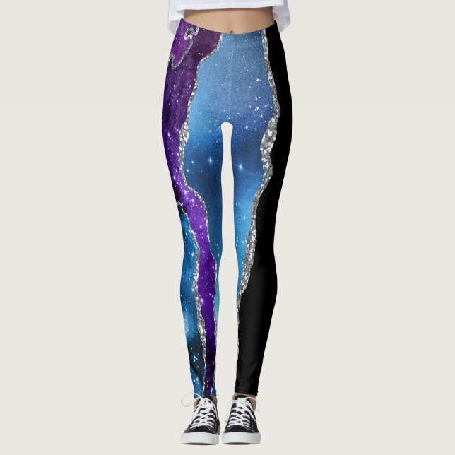 Galaxy Agate Marble Glitter Lila Blue Rosa Leggings (Framsida)