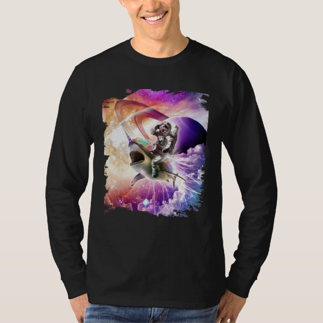 Galaxy Astronaut Cat Riding Rainbow Shark Unicorn T Shirt (Framsida)