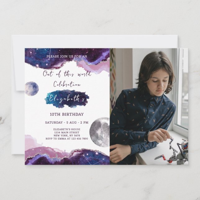 Galaxy Birthday bjudande med foto Inbjudningar (Framsida)