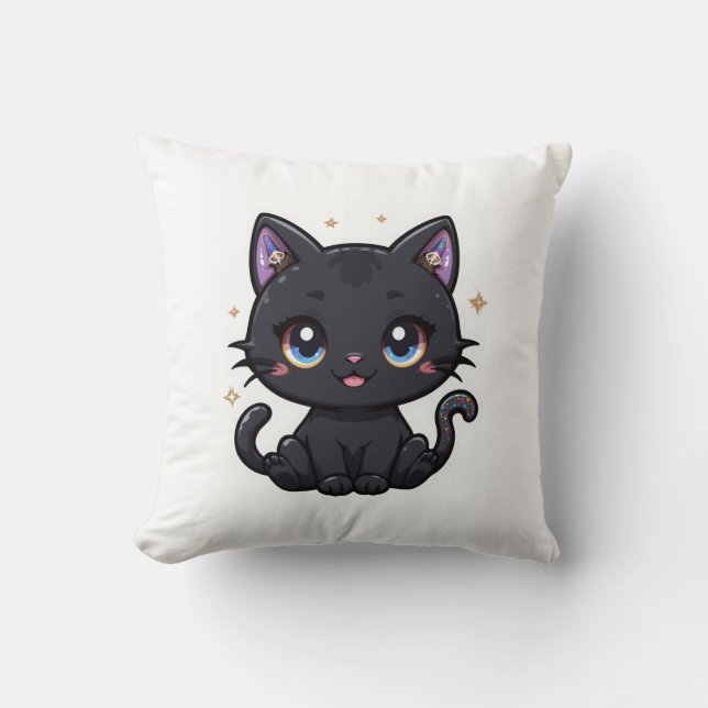 Galaxy Black Cat Kawaii Celestial Kattunge Cushion Kudde (Framsida)