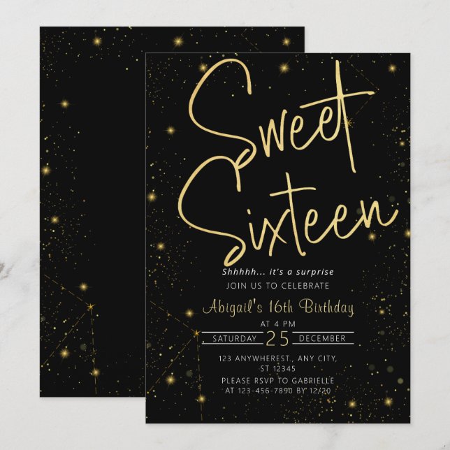 Galaxy Black Guld Sweet 16:e Födelsedagsfesten Inbjudningar (Fram/baksida)