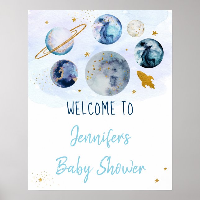 Galaxy Blue Guld Rymden Baby Shower Välkommen Poster (Framsidan)