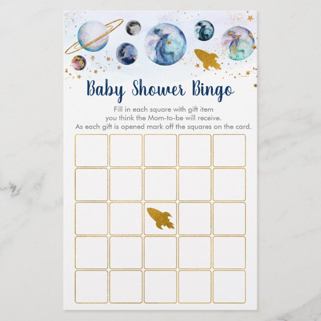 Galaxy Blue Guld Space Baby Shower Bingo Game (Framsida)
