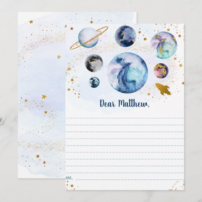 Galaxy Blue Guld Space Birthday Time Capsule Cards Inbjudningar (Fram/baksida)
