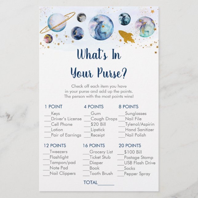 Galaxy Blue Guld Space What's in your Purse Game (Framsida)