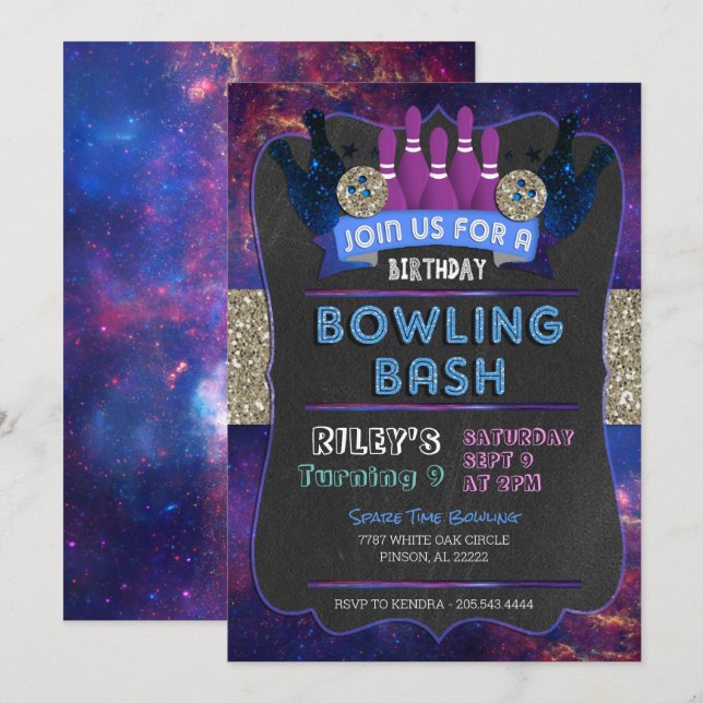 Galaxy Bowling Birthday bjudande Inbjudningar (Fram/baksida)