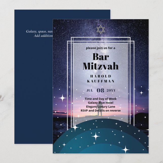 GALAXY Boys PUB MITVAH Spaceman Astronaut Inbjudningar (Fram/baksida)