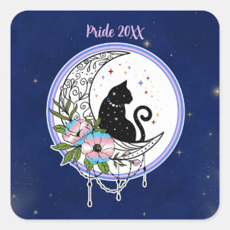 Galaxy Cat and Flowers in Transgender Flagga Färg Fyrkantigt Klistermärke