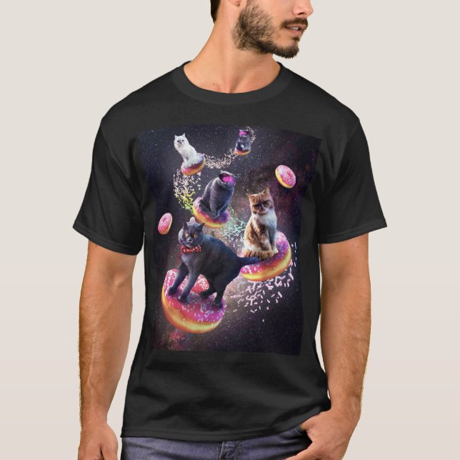 Galaxy Cat Donut - Rymdkatjoner Riding Donuts T Shirt (Framsida)
