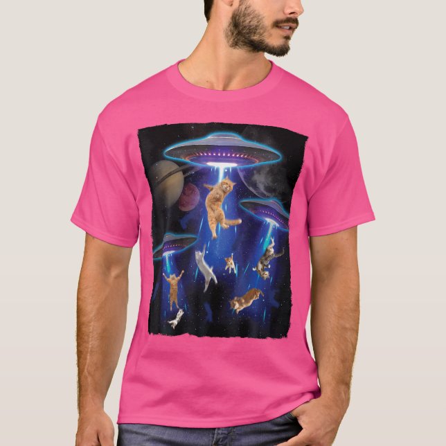 Galaxy Cat Funny Cat Ufo Abduction T Shirt (Framsida)