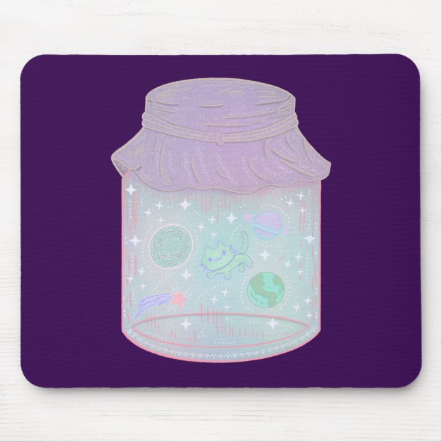 Galaxy Cat i en burk | Kawaii rymdkatkonst Musmatta (Framsidan)