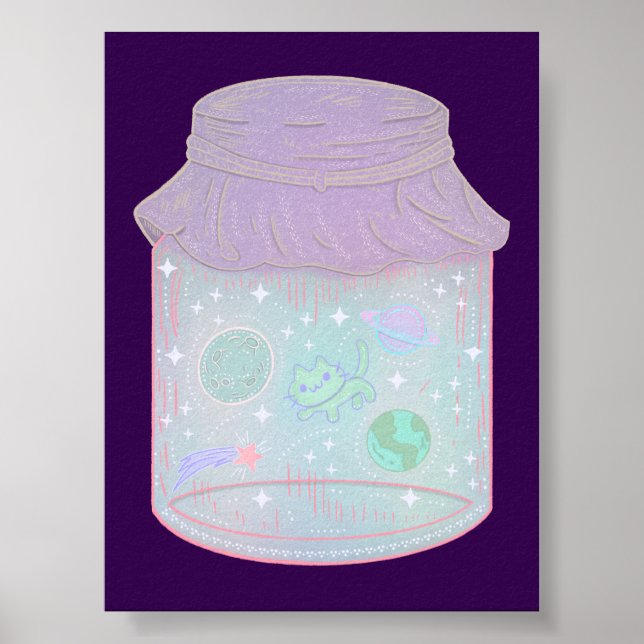 Galaxy Cat i en burk | Kawaii rymdkatkonst Poster (Framsidan)