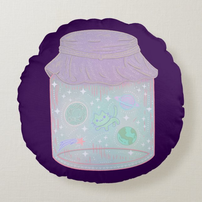 Galaxy Cat i en burk | Kawaii rymdkattskonst Rund Kudde (Framsidan)