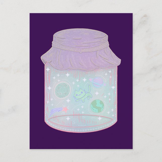 Galaxy Cat i en burk | Kawaii rymdkattskonst Vykort (Framsida)