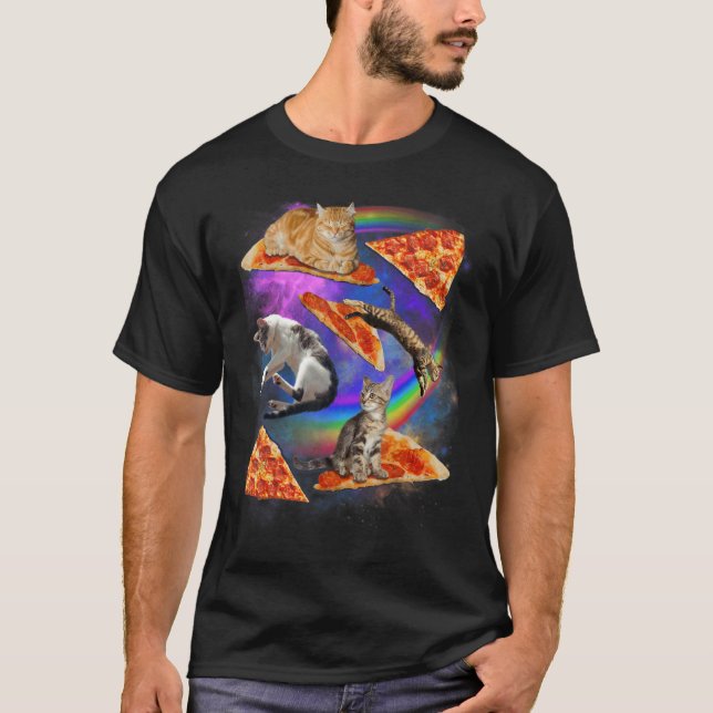 Galaxy Cat In Space Cat Riding Pizza 1 T Shirt (Framsida)