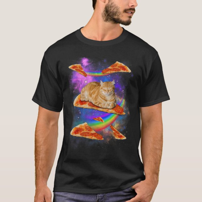 Galaxy Cat In Space Cat Riding Pizza T Shirt (Framsida)