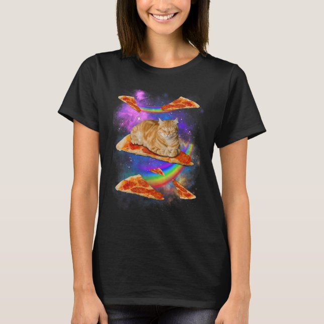 Galaxy Cat In Space Cat Riding Pizza T Shirt (Framsida)