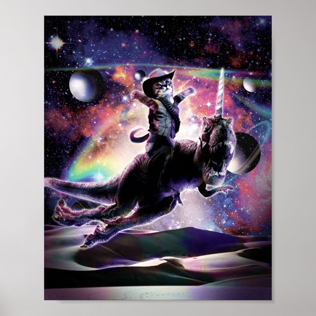 Galaxy cat på dinosaur Unicorn i rymden Poster (Framsidan)