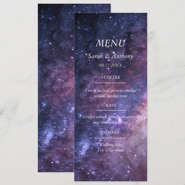 Galaxy Celestial Stars Night Himlar Bröllop Food Meny (Fram/baksida)