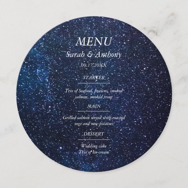 Galaxy Celestial Stars Night Himlar Bröllop Food Meny (Framsida)