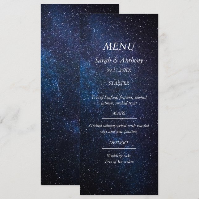 Galaxy Celestial Stars Night Himlar Bröllop Food Meny (Fram/baksida)