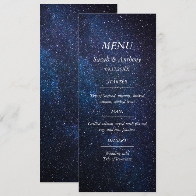 Galaxy Celestial Stars Night Himlar Bröllop Food Meny (Fram/baksida)