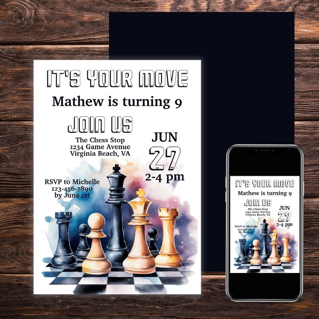 Galaxy Chess Delar Modern Chess Birthday Inbjudningar (Galaxy Chess Pieces Modern Chess Birthday Invitation)