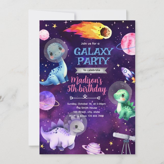 Galaxy dinosaur födelsedagsfest inbjudan (Framsida)