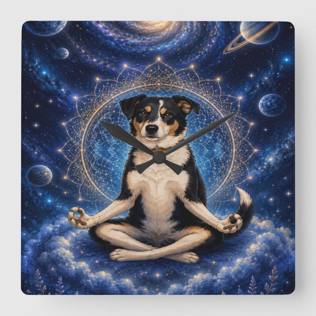 Galaxy Dog Väggtimme | Kosmisk Australian Shepherd Fyrkantig Klocka (Framsida)