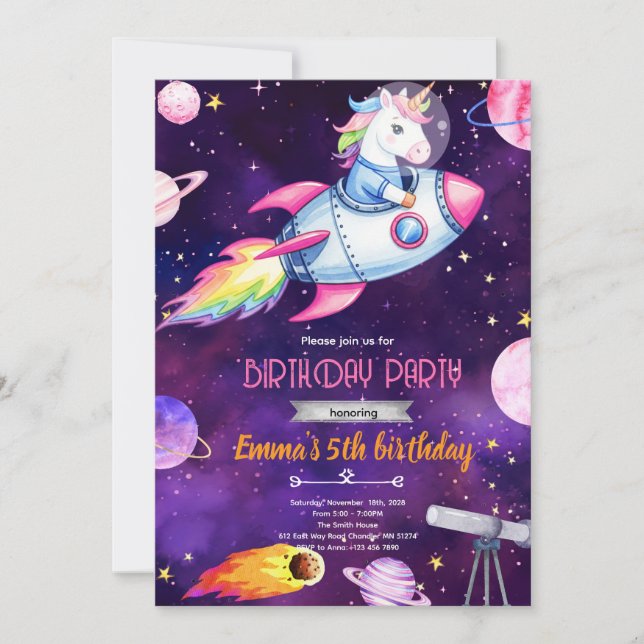 Galaxy enhörning Födelsedagsfest Inbjudan (Framsida)