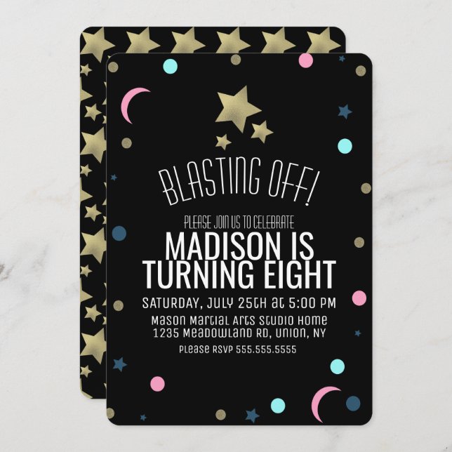 Galaxy Faux Guld Stars Confetti Space Birthag Inbjudningar (Fram/baksida)