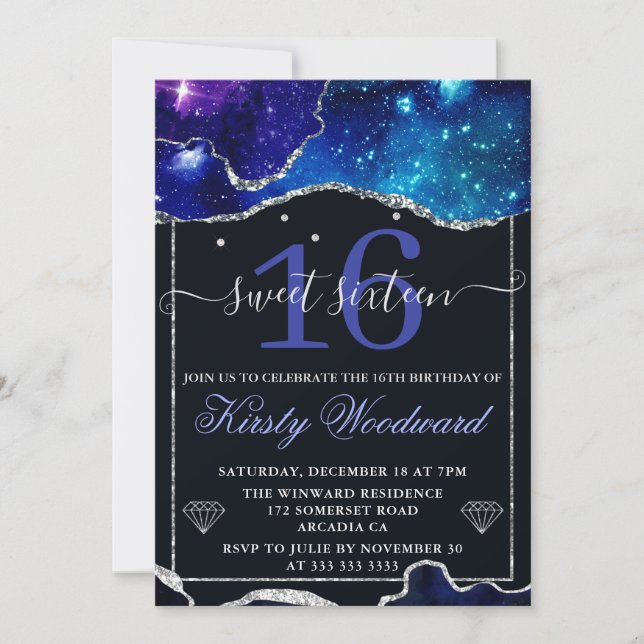 Galaxy & Faux Silver Glitter Agate Söt 16-årsdag Inbjudningar (Framsida)