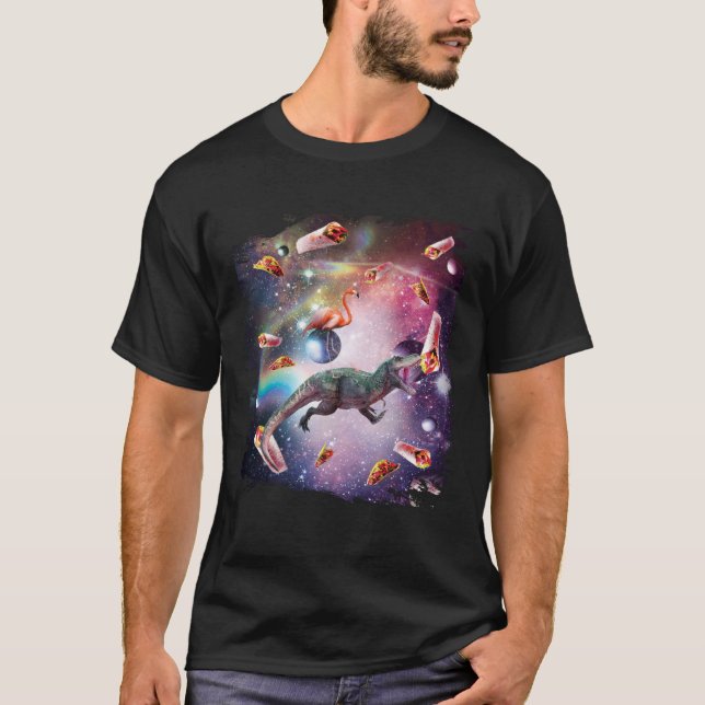 Galaxy Flamingo Riding Dinosaur In Space  Rainbow T Shirt (Framsida)
