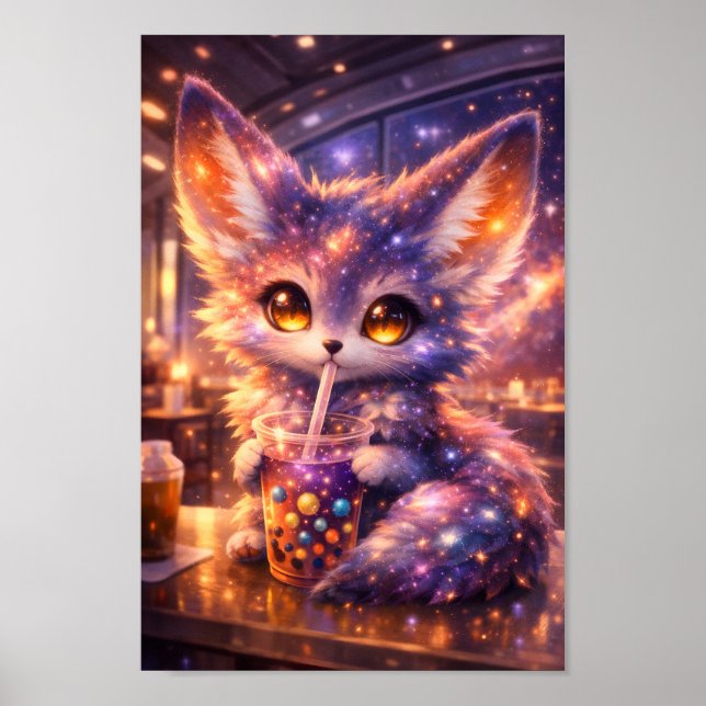Galaxy Fox Dricker Boba Te Cute Rymd Djur Poster (Framsidan)