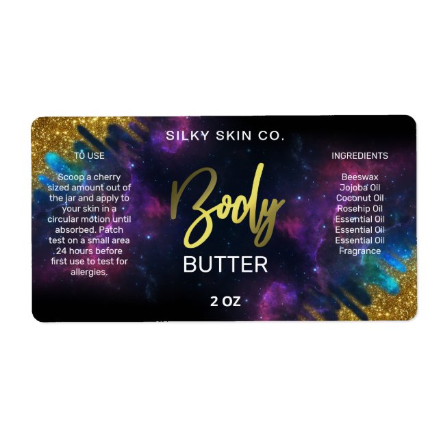 Galaxy Glitter Black and Guld Body Butter Labels Fraktsedel (Framsidan)
