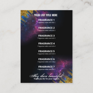 Galaxy Glitter Black and Guld Fragrance List Card Visitkort