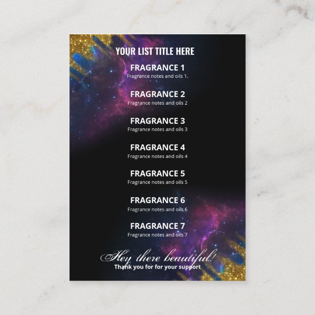 Galaxy Glitter Black and Guld Fragrance List Card Visitkort (Baksida)