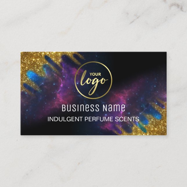 Galaxy Glitter Black och Guld Parfym Visitkort (Framsida)