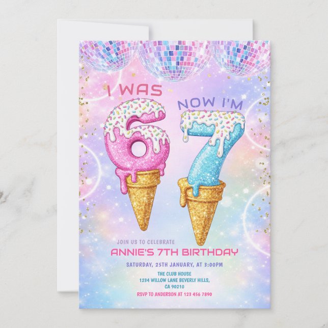 Galaxy Glitter Disco Ball 7 Birthday Ice Cream  Inbjudningar (Framsida)