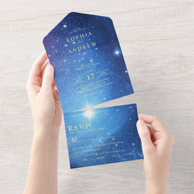 Galaxy & Guld Bröllop alla i en inbjudan (Avrivbar del)